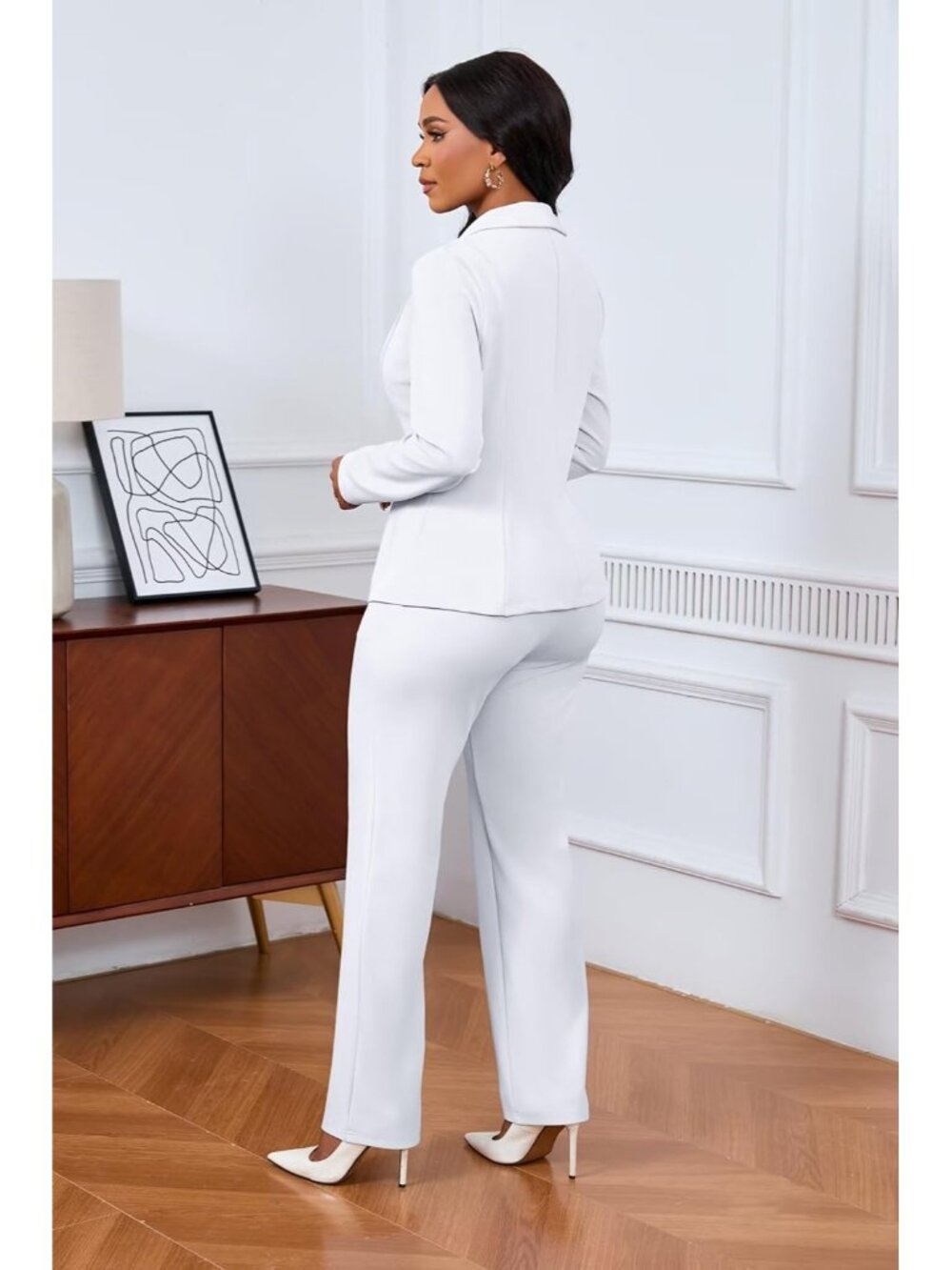 Women's White 2 Piece Pant Suits Dressy Blazer Straight Leg Set Formal Outfits - Picture 5 of 6